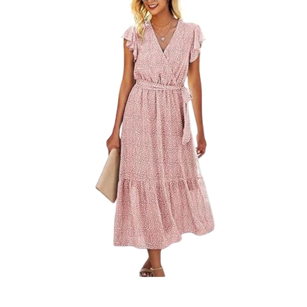 Women's Pink Printed Maxi Dress with Ruffle Sleeves